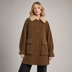 Women's <b>Brown</b> <b>Corduroy</b> Long <b>Jacket</b> With Fur Trim Collar Utility Style Full Sleeve Patch Pockets Autumn Winter Wear - Product Image 1