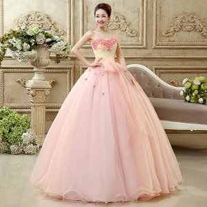 Robe de soirée longue rose sans bretelles, en laine, avec perles, taille naturelle, volants, respirante, dos lacé, longueur ras du sol - Product Image 4