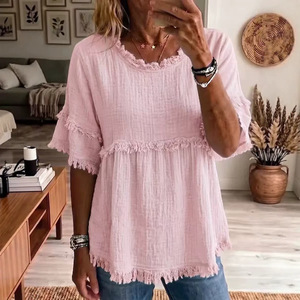 Camicia a maniche corte da <span class=keywords><strong>donna</strong></span> 2026 in stile europeo e americano con collo rotondo retrò e nappe in pelliccia - Product Image 4