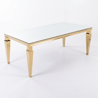 Mesa Rectangular de Cristal con Patas Doradas Cuadradas y Cónicas, Mesa de Comedor de Acero Inoxidable para Banquetes y Bodas