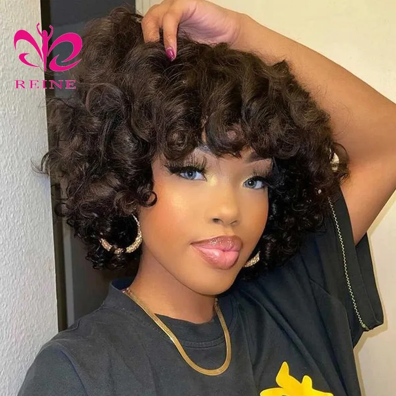 2021 Wholesales 12a Grade Funmi SDD Super Double Drawn Pixie Cut Short Wigs With Bang Human Hair Brazilian Rose Curl Fringe Wigs