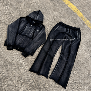 OEM Acid Wash Fleece Rib Knit Trim Unisex Velvet <strong>Velour</strong> Sweatsuit Reflective Piping Flared Jogging Couple 90s Men Fall <strong>Tracksuit</strong> - Product Image 1