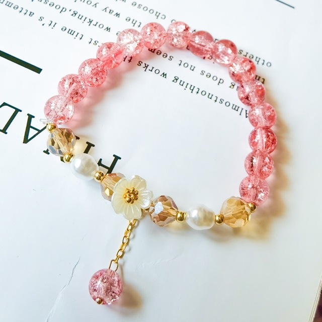 Trendy Imitation Pearl Crystal Camellia Bracelet for Women 8mm Glass Bead Candy Color Burst Crystal Sunflower Bracelet Made Zinc