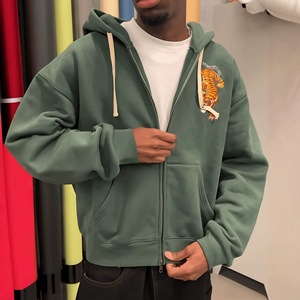 Sudadera con Capucha Verde Bordada con Cierre para Hombre, Sudadera con Capucha Extra Grande de Felpa, Ropa Urbana Vintage de Invierno, 100% Algodón, Logotipo Personalizado - Product Image 2