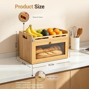 Boîte à pain en bambou avec porte transparente, étagère à fruits et légumes à couvercle rabattable, armoire de rangement en bois massif, type tiroir de cuisine - Product Image 3