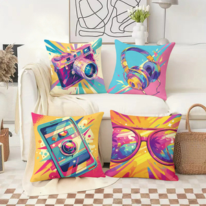 Яркие декоративные подушки в техно-стиле с изображением камеры, наушников, телефона и солнцезащитных очков в смелом стиле поп-арт. - Product Image 2