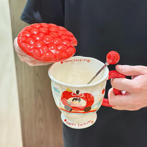 Mug en céramique Apple Girl avec couvercle et cuillère, design mignon de dessin animé, pour café, petit-déjeuner, usage domestique, tasse individuelle - Product Image 3