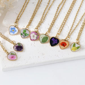 Kalung bunga kering bentuk hati alami kalung liontin bunga Resin kalung bunga padat buatan tangan berlapis emas untuk wanita - Product Image 1