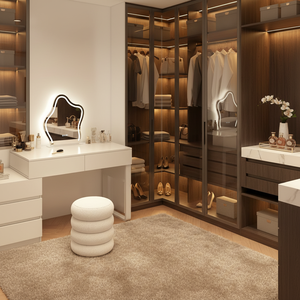 Table de toilette de chambre à coucher en chêne <span class=keywords><strong>clair</strong></span> avec panneau et armoire intégrée, style moderne simple, pour petit appartement, idéale pour le maquillage des influenceurs - Product Image 2