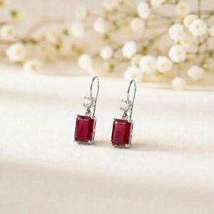 Natural <b>Red</b> Ruby Rectangle Faceted Dangle <b>Earrings</b> with CZ Accent in 925 Sterling Silver or 18K Gold Filled Minimalist Gemstone - Product Image 3