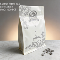 Sac à café écologique à fond plat, imprimé sur mesure avec valve et fermeture éclair, en matériau recyclable