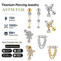 Freya Prêt à expédier Bijoux de piercing corporel en titane ASTM F136 avec zircon à dos plat, clous de cartilage pendulants et labrets pour femmes