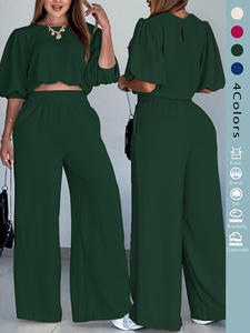 Conjunto de Dos Piezas para Mujer, Top Holgado de Cuello Redondo y Manga Media, Pantalones Rectos, Cómodo, Casual y Moderno para Uso Diario en Verano - Product Image 1