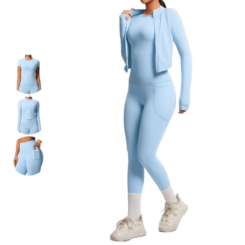 High Quality Solid Quick Dry Fitness Yoga Three Piece Suit Long Sleeved Zipper Cardigan Jacket Vest Yoga Pants Pockets