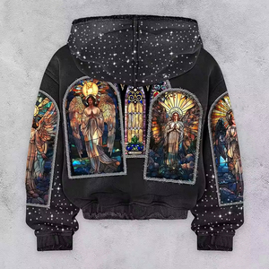 YSJY Fabricant de sweats à capuche zippés pour hommes, personnalisés OEM, en coton, coupe ample, effet vieilli, épais, avec strass et diamants - Product Image 2