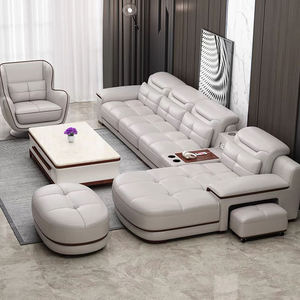 Sofá Seccional Modular de Cuero Real Blanco Gris de Lujo Moderno, Sofás con Estructura de Madera, Muebles de Sala de Estar Grandes de 7 Plazas - Product Image 1