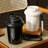 Mini Taza de Café de Cerámica de 320 ml con Diseño Bonito, Taza de Viaje con Aislamiento al Vacío, Termo de Oficina con Cuerda Portátil para Regalos