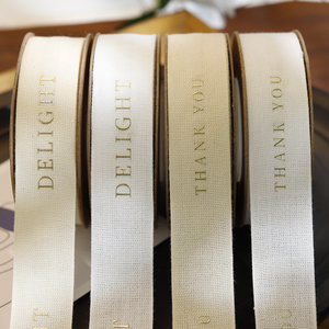 <strong>Customized</strong> 100% Cotton <strong>Ribbon</strong> Double Face Gold Foiled Logo Custom Printed Natural Cotton Brand <strong>Ribbon</strong> for Gift Wrapping - Product Image 4