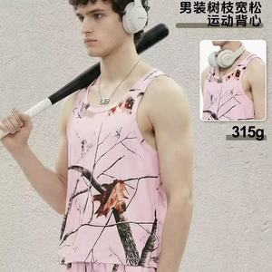 Camiseta sin mangas para hombre con estampado de hojas rosa claro, estilo oversize, de punto, mezcla de algodón, chaleco informal de verano - Product Image 4