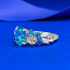 S925 <span class=keywords><strong>argento</strong></span> europeo e americano nuovo 2 carati blu mare zirconio ortensia fata anello - Product Image 5