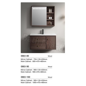 Meuble de salle de bain suspendu en <span class=keywords><strong>bois</strong></span> de noyer de luxe rétro avec miroir à LED, rangement latéral ouvert et tiroirs de rangement, meuble-lavabo mural - Product Image 2
