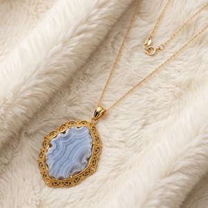 สร้อยคอจี้ทองชุบแบบขายส่ง OEM ODM ประดับด้วยพลอยอาเกตสีน้ำเงินสไตล์วินเทจสำหรับผู้หญิง - Product Image 2