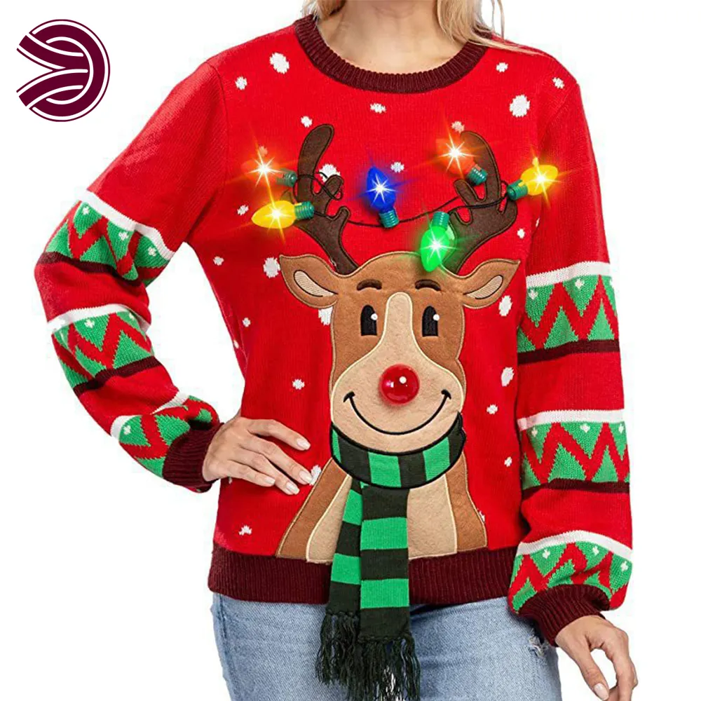 Wholesales Women Shining Thick Warm Round Neck Light Ugly Christmas Sweaters For Adults