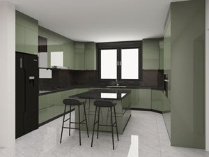 Ensemble de meubles de cuisine prêts à l'emploi de conception moderne importés, emballage plat, laque verte, finition brillante, armoires directement de Chine - Product Image 2