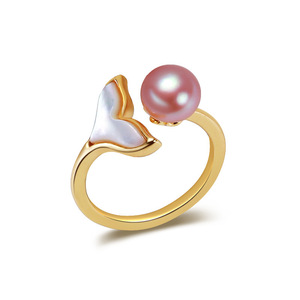 Bague en coquille de perle demi-ronde pour femme, tendance, plaquée or, style INS, queue de poisson, incrustation de perle d'eau douce, bijoux - Product Image 5