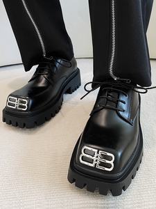 Petit Style Original chaussures décontractées pour hommes tête carrée Derby chaussures semelle épaisse en cuir véritable Style britannique coréen à la mode - Product Image 4