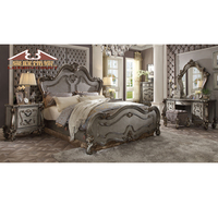 Lit antique LongHao Furniture avec tables de chevet de rangement, cadre de lit king size de luxe en bois sculpté à la main pour la chambre à coucher