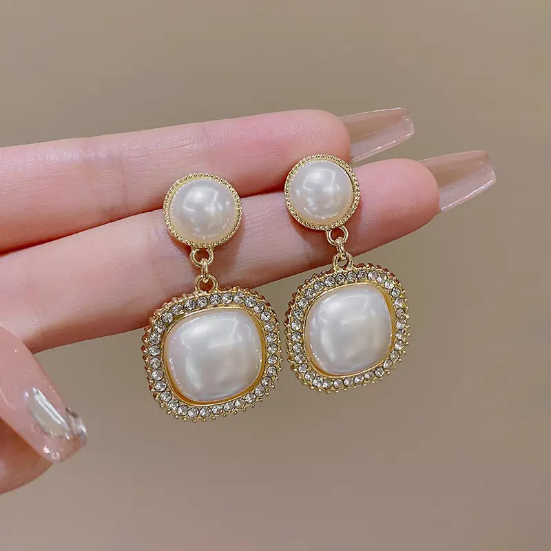 925 alla moda orecchini pendenti con perla in argento retrò pieni di diamanti orecchini a goccia di perle quadrate da donna