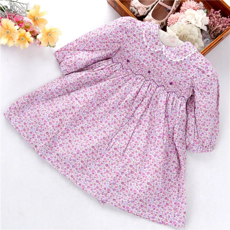 C05860 शिशु बेबी कपड़े के लिए लड़कियों के लिए ड्रेस smocked फूल गुलाबी लंबी आस्तीन पीटर पैन कॉलर बच्चों थोक बच्चों के कपड़े