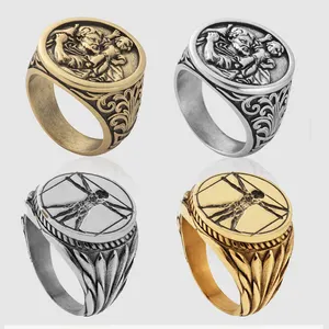 Non Tarnish Waterproof Vitruvian Man Ring Custom Stainless Steel Vintage Saint Christopher Rings Jewelry Men Signet Ring