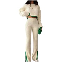 Ensemble deux pièces en tricot pour femmes, pull en tricot côtelé, haut court, pantalon large, tenue décontractée