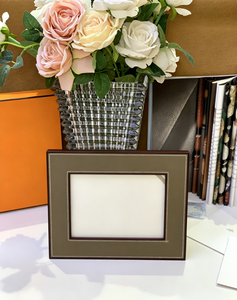 Elegant Taupe Leather <b>Picture</b> <b>Frame</b> With Solid <b>Wood</b> Stand For Home And Office - Product Image 2