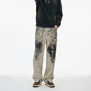 Jeans en denim droit pour <span class=keywords><strong>homme</strong></span>, taille mi-haute, style streetwear, peint à la main avec des éclaboussures d'encre, <span class=keywords><strong>beige</strong></span>, délavé, décontracté, automne, pantalon délavé - Product Image 1