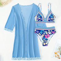 3-delige badpakken voor dames, tropische bloemenprint, badpak met doorschijnende mesh cover-up, klassieke set, zomerstrand bikini set