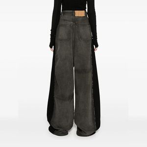 Jeans da Donna Personalizzati Super Baggy a Gamba Larga, <span class=keywords><strong>Pantaloni</strong></span> in Denim Streetwear a Vita Media con Lavaggio Vintage e Color Block Nero - Product Image 3