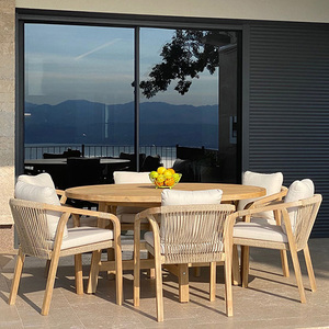 Set da Pranzo Moderno per Esterni con Tavolo Rotondo e 6 Sedie, Arredamento per Patio e Ristorante, Set da Pranzo in Legno di Teak Resistente alle Intemperie - Product Image 2