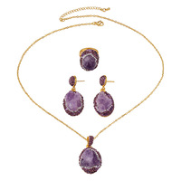 Parure de bijoux trois pièces vintage en améthyste brésilienne et alliage, boucles d'oreilles, bague et collier, pour femme, idéale pour les soirées, luxe léger, haut de gamme, transfrontalier