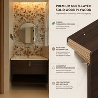 Rak Dinding Kamar Mandi dengan Wastafel Keramik Terintegrasi, Kabinet Kayu Walnut Gelap, dan Cermin LED untuk Hotel