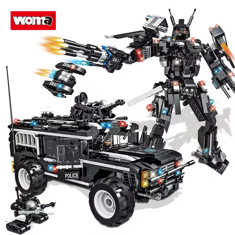 WOMA TOYS OEM 2-in-1 Roboter Bauklötze Spielzeug pädagogisches Bauspielzeug SWAT Stadtpolizei Auto-Modellpuppen-Set Spielzeug