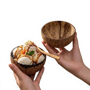 Ensemble de bols en coco laqués brillants, directement de l'usine du Vietnam - Plats de service réutilisables pour desserts et salades, avec cuillères en bois - Product Image 1