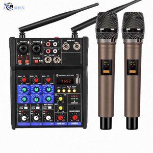 Mini console de mixage audio numérique USB professionnelle 4 canaux avec 2 micros sans fil pour diffusion en direct et chant - Product Image 1