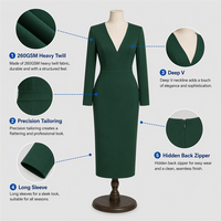 Gaun Kerja Wanita Ukuran Besar 260GSM Opaque Plus Size, Bahan Twill Tebal, Model Fitted, Kerah V Dalam, Lengan Panjang, Midi, Musim Gugur, Cocok untuk Kantor, Logo Custom OEM