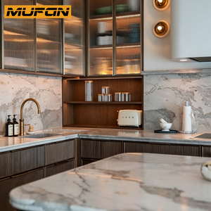 Gabinetes <span class=keywords><strong>de</strong></span> Cocina <span class=keywords><strong>de</strong></span> Lujo en Madera <span class=keywords><strong>de</strong></span> Nogal con Acabado Rizado, Puerta <span class=keywords><strong>de</strong></span> Vidrio <span class=keywords><strong>de</strong></span> Alta Gama con Cajón Delgado Estilo Shaker y Detalles Acanalados - Product Image 3