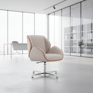 Silla de Reuniones Giratoria de Diseño Moderno Suoni, Respaldo de Cuero Sólido, Estructura de Madera, Base de Aluminio, Acabado con Ribete en Color Contrastante para Oficina - Product Image 6