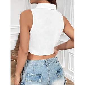 Camisa corta sin mangas personalizada para mujer con lazo, blusa blanca con botones, top informal de verano para uso diario - Product Image 3