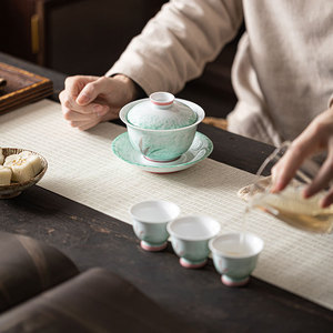 Hand Painted Reed Gaiwan <b>Teacup</b> Set Sprinkled Green Ceramic Three Piece Large Size Heat Resistant For Home Use - Product Image 5